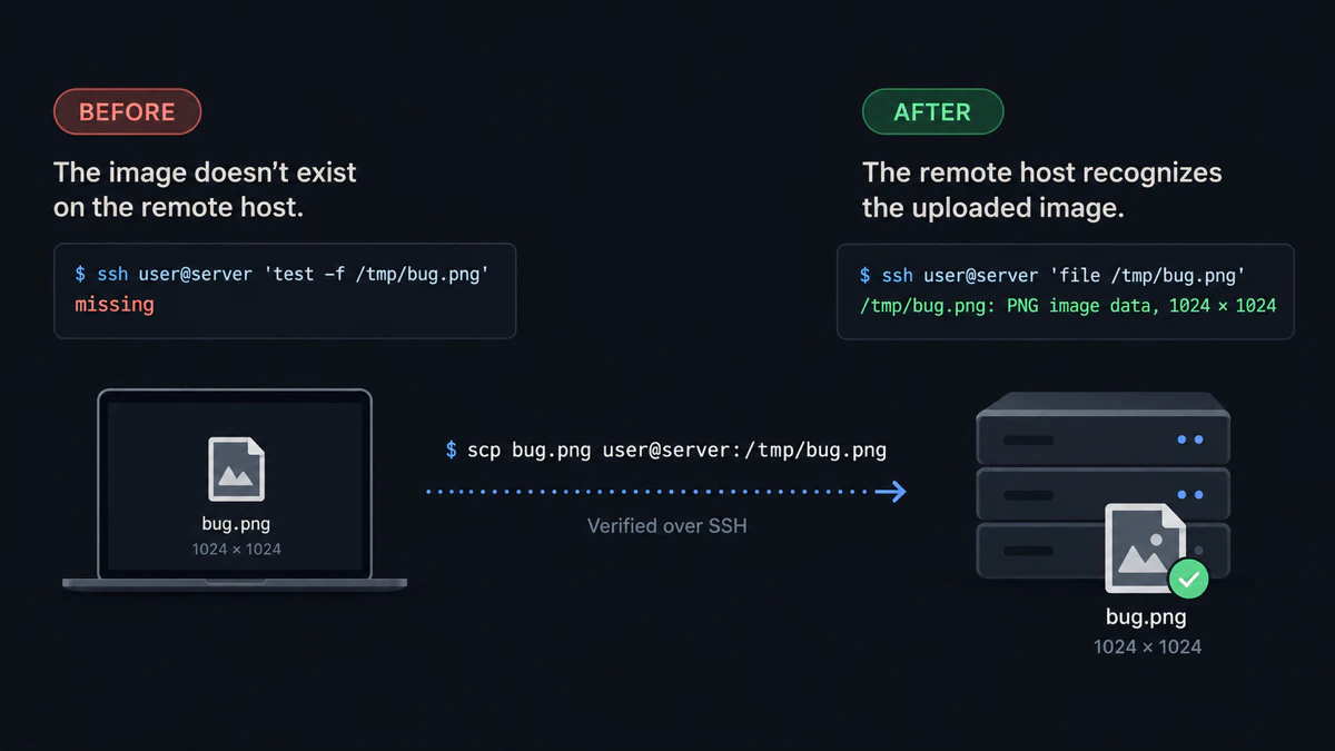 A visual summary of the tested remote-file workflow: the local image is missing on the host before scp and readable after upload.